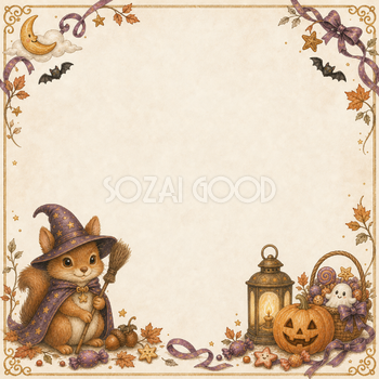 魔女姿のリスと魔法のハロウィンフレーム｜かわいい無料イラスト94886