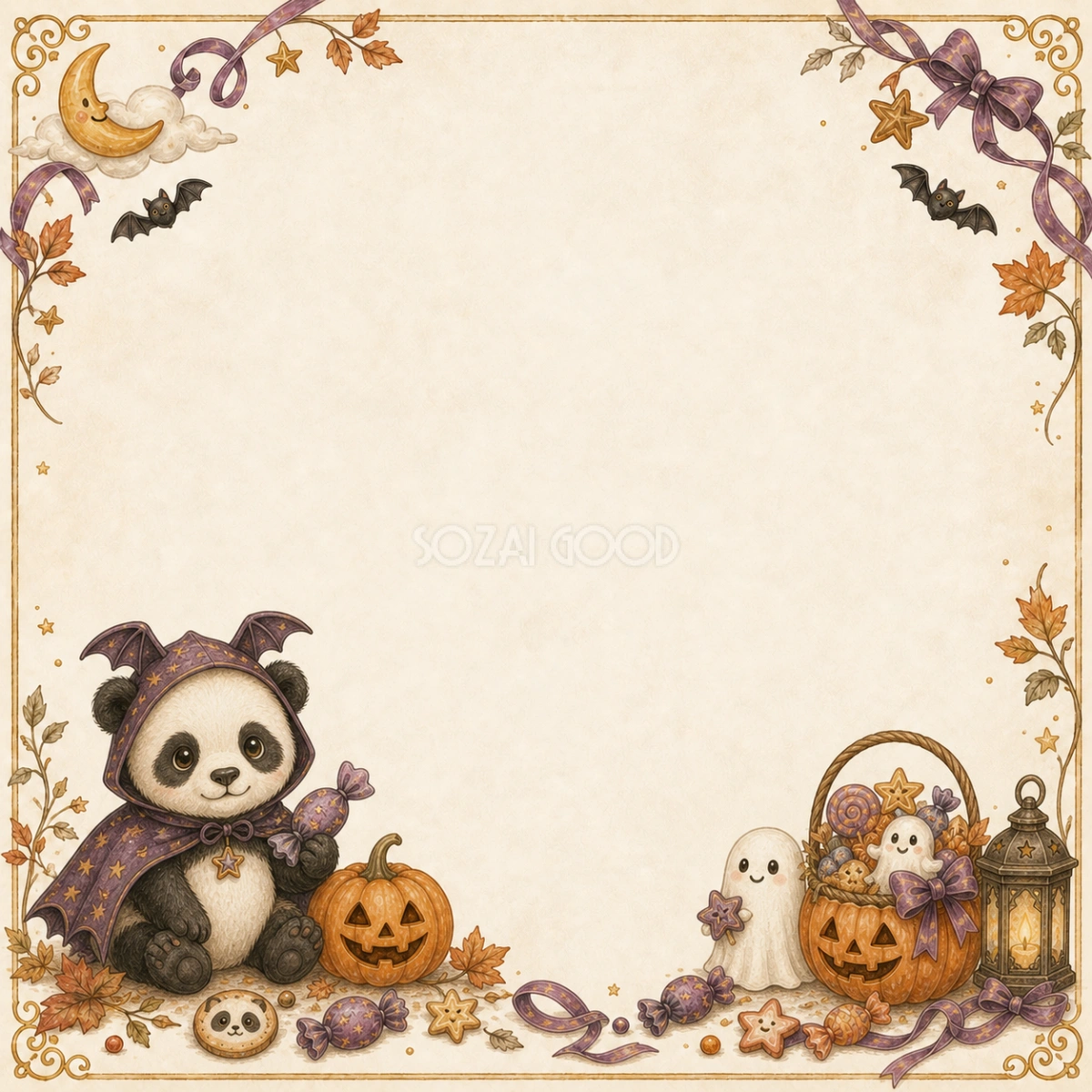 コウモリ衣装のパンダとかぼちゃのハロウィンフレーム|無料イラスト94887