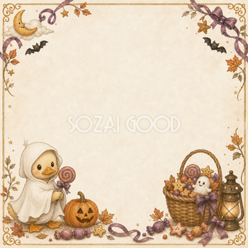 おばけ衣装のアヒルとキャンディーのハロウィンフレーム｜無料イラスト94888