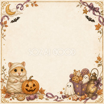 ミイラ姿のハムスターとおばけのハロウィンフレーム｜無料イラスト94889