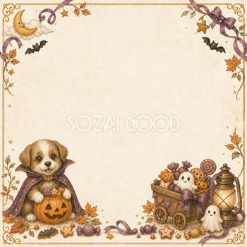 吸血鬼姿の子犬と魔法の鍋のハロウィンフレーム｜無料イラスト94890
