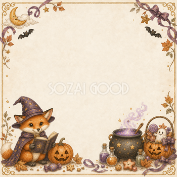 魔法使いのキツネとかぼちゃのハロウィンフレーム｜無料イラスト94891