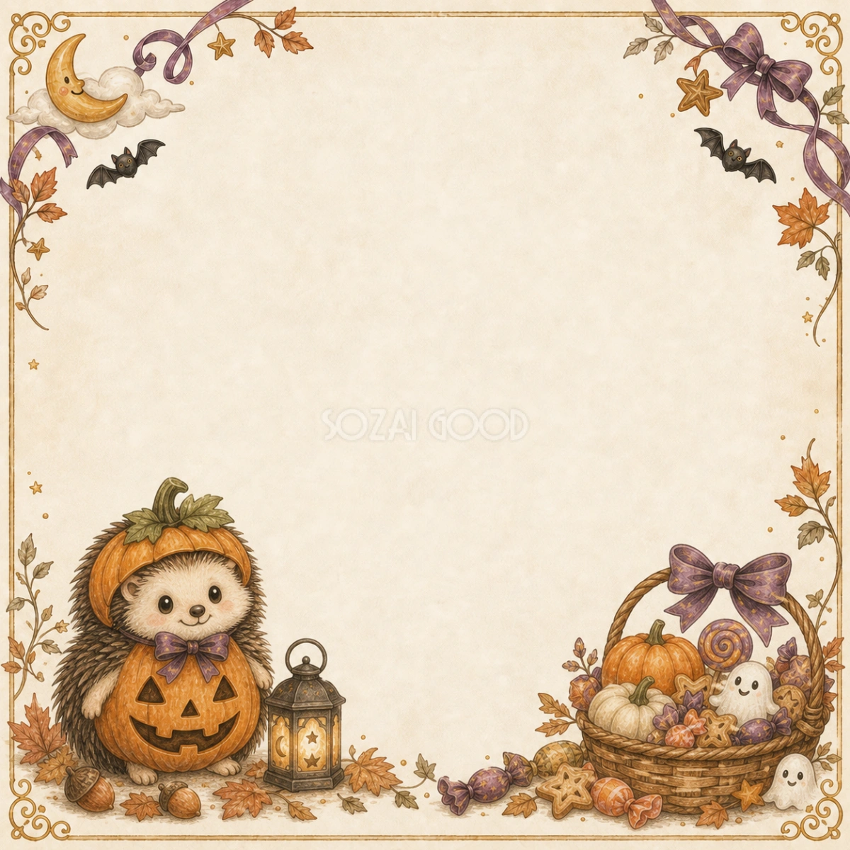 かぼちゃ衣装のハリネズミとランタンのハロウィンフレーム|無料イラスト94892