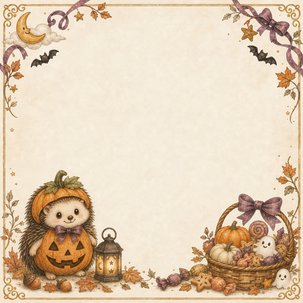 かぼちゃ衣装のハリネズミとランタンのハロウィンフレーム｜無料イラスト94892に写真・文字を入れる