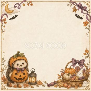 かぼちゃ衣装のハリネズミとランタンのハロウィンフレーム｜無料イラスト94892