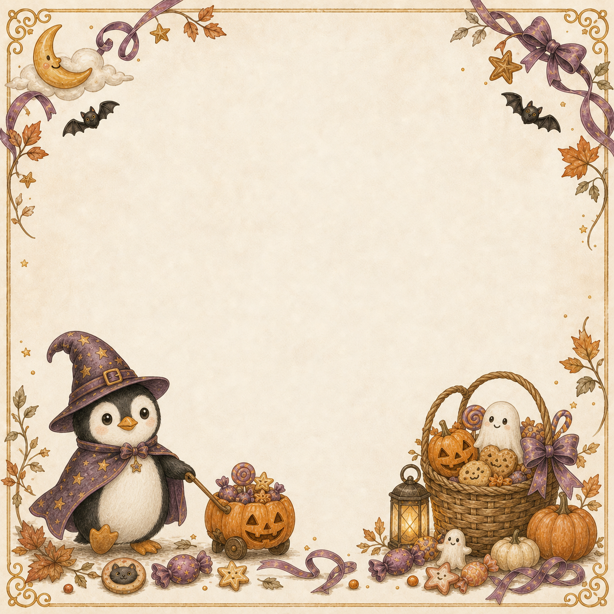 魔女姿のペンギンとお菓子のハロウィンフレーム｜無料イラスト94893に写真・文字を入れる