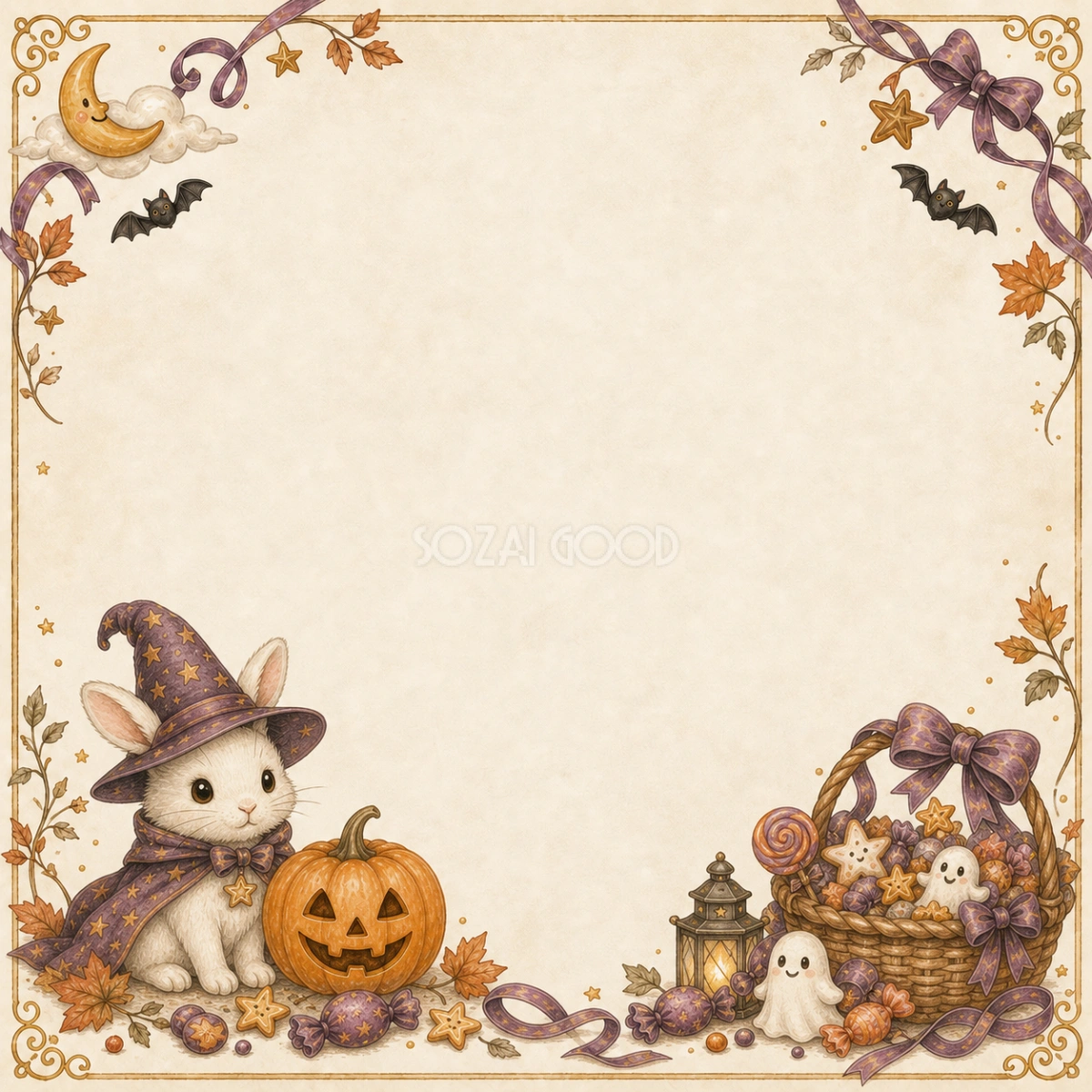 白うさぎの魔女とかぼちゃのハロウィンフレーム|かわいい無料イラスト94894