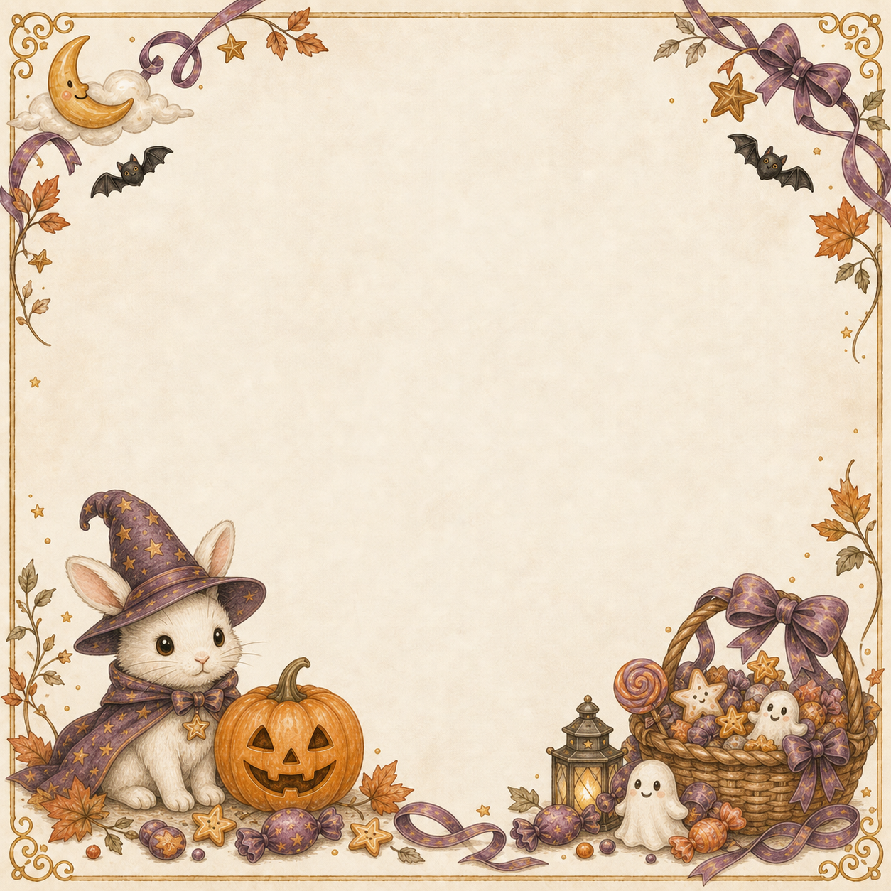 白うさぎの魔女とかぼちゃのハロウィンフレーム｜かわいい無料イラスト94894に写真・文字を入れる
