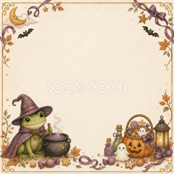 魔法使いのカエルと大釜のハロウィンフレーム｜無料イラスト94896