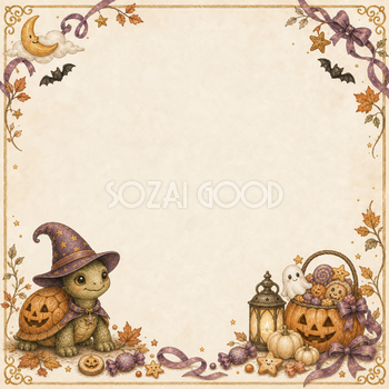 魔女帽子のカメとかぼちゃのハロウィンフレーム｜無料イラスト94897