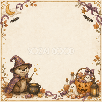 魔法使いのカワウソと大釜のハロウィンフレーム｜無料イラスト94898