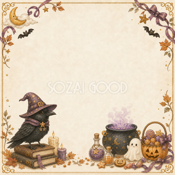 魔法使いのカラスと本のハロウィンフレーム｜アンティーク調の無料イラスト94899