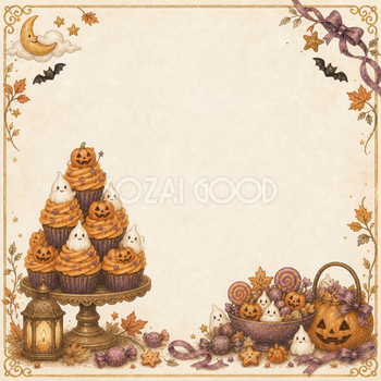かぼちゃカップケーキタワーのハロウィンフレーム｜無料イラスト94901