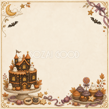 おばけ屋敷ケーキのハロウィンフレーム｜かわいい無料イラスト94904