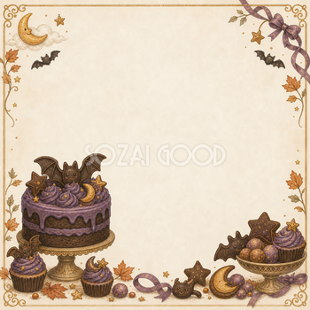 コウモリのチョコレートケーキとカップケーキのハロウィンフレーム｜無料イラスト94908