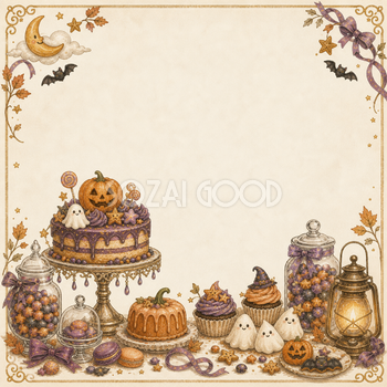 ケーキとお菓子テーブルのハロウィンフレーム｜華やかな無料イラスト94920