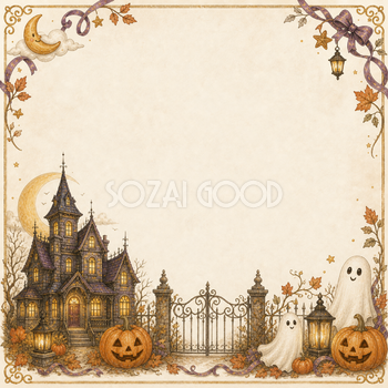 おばけ屋敷とかわいいおばけのハロウィンフレーム｜無料イラスト素材94923