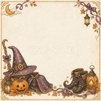魔女の帽子とほうき・ブーツのハロウィンフレーム｜無料イラスト素材94924
