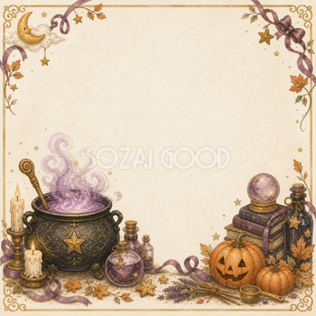 魔法の大釜と薬瓶のハロウィンフレーム｜無料イラスト素材94925
