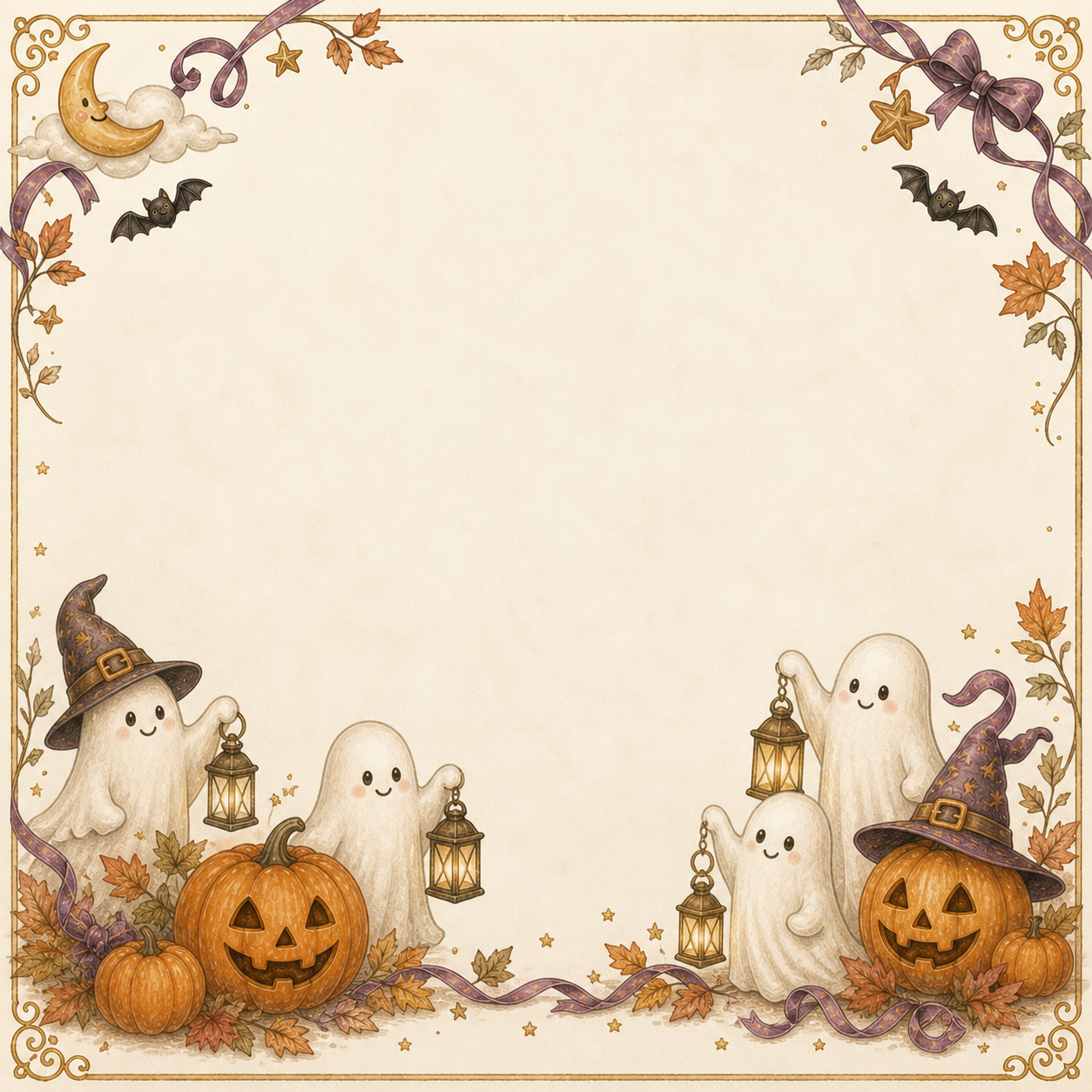かわいいおばけとランタンのハロウィンフレーム｜無料イラスト素材94926に写真・文字を入れる