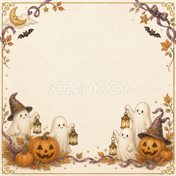 かわいいおばけとランタンのハロウィンフレーム｜無料イラスト素材94926