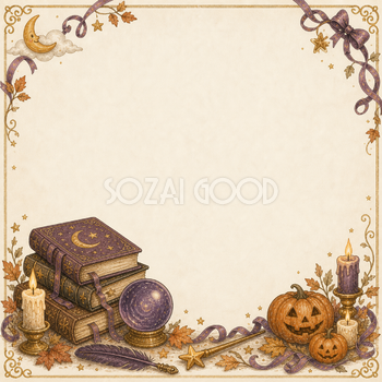 魔法の本と水晶玉のハロウィンフレーム｜無料イラスト素材94930