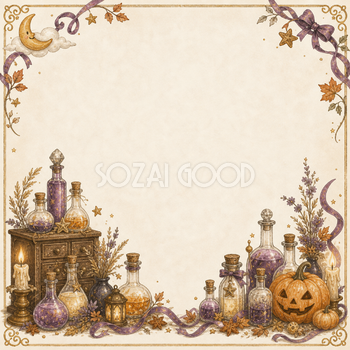 魔法の薬瓶が並ぶハロウィンフレーム｜無料イラスト素材94931