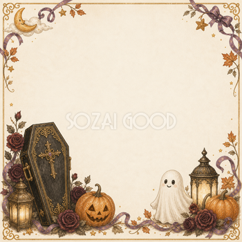 棺と赤いバラのハロウィンフレーム｜無料イラスト素材94932