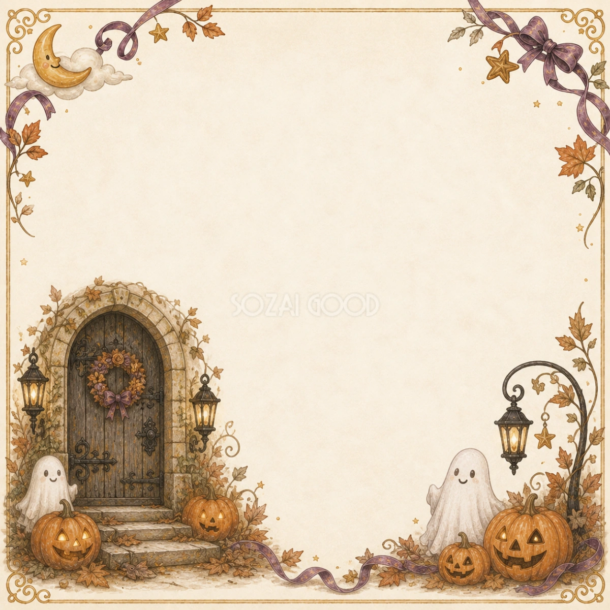 古い洋館の扉とおばけのハロウィンフレーム|無料イラスト素材94935