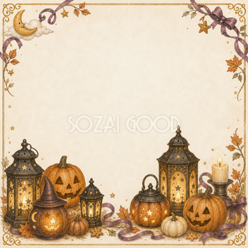かぼちゃとアンティークランタンのハロウィンフレーム｜無料イラスト素材94936
