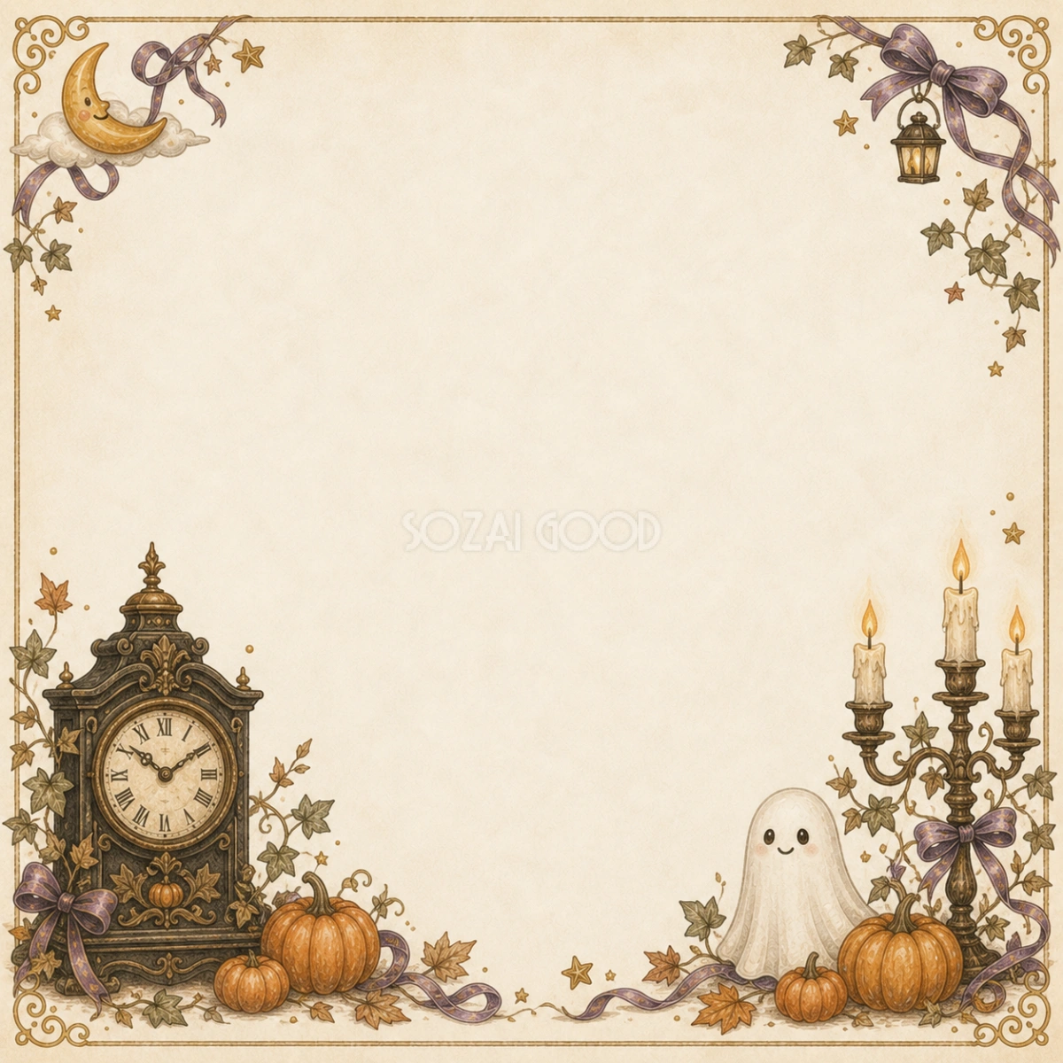 古時計とかわいいおばけのハロウィンフレーム|無料イラスト素材94939