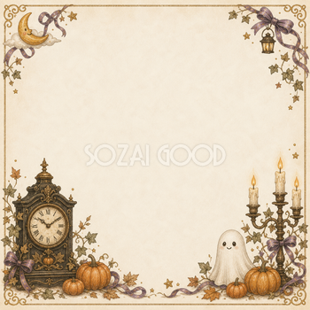 古時計とかわいいおばけのハロウィンフレーム｜無料イラスト素材94939