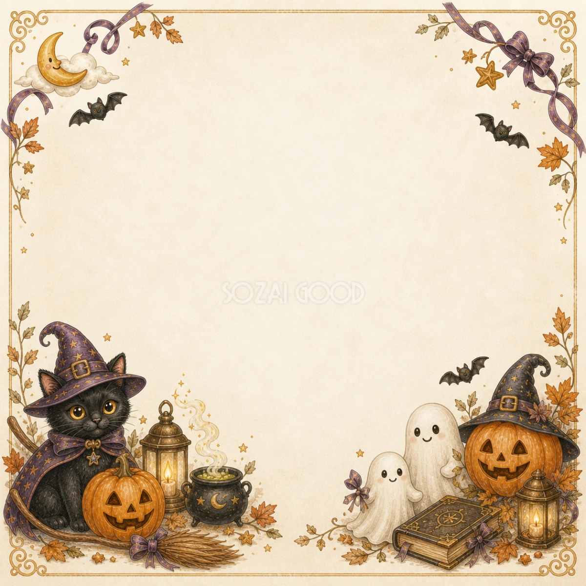 黒猫とおばけ・魔法道具のハロウィンフレーム|無料イラスト素材94941