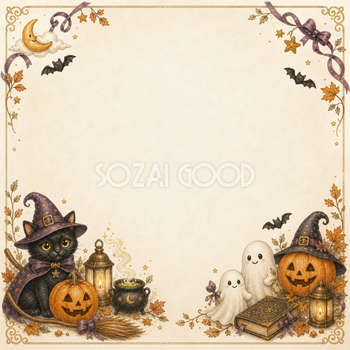 黒猫とおばけ・魔法道具のハロウィンフレーム｜無料イラスト素材94941
