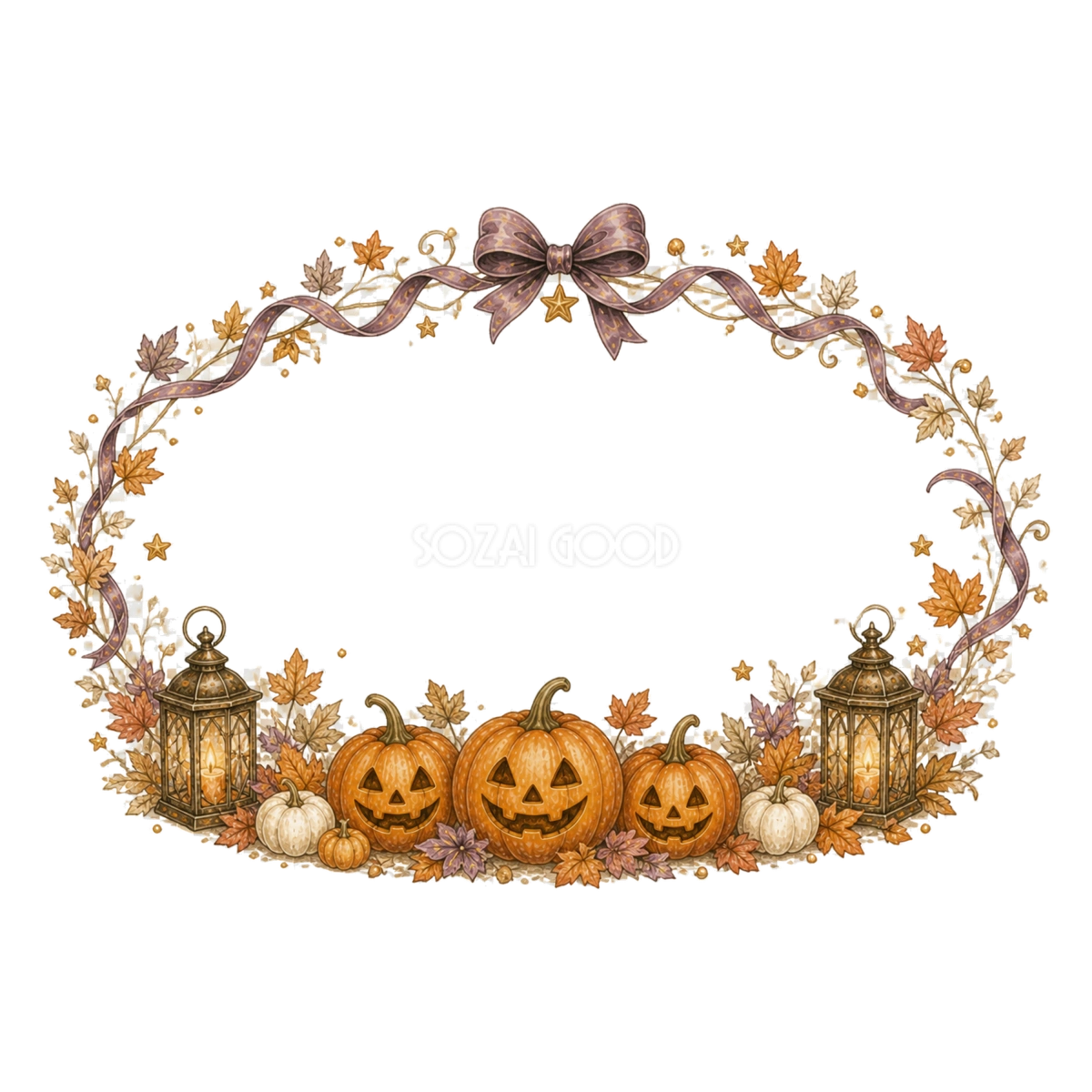 かぼちゃとランタンのハロウィン楕円リース|無料イラスト素材94943