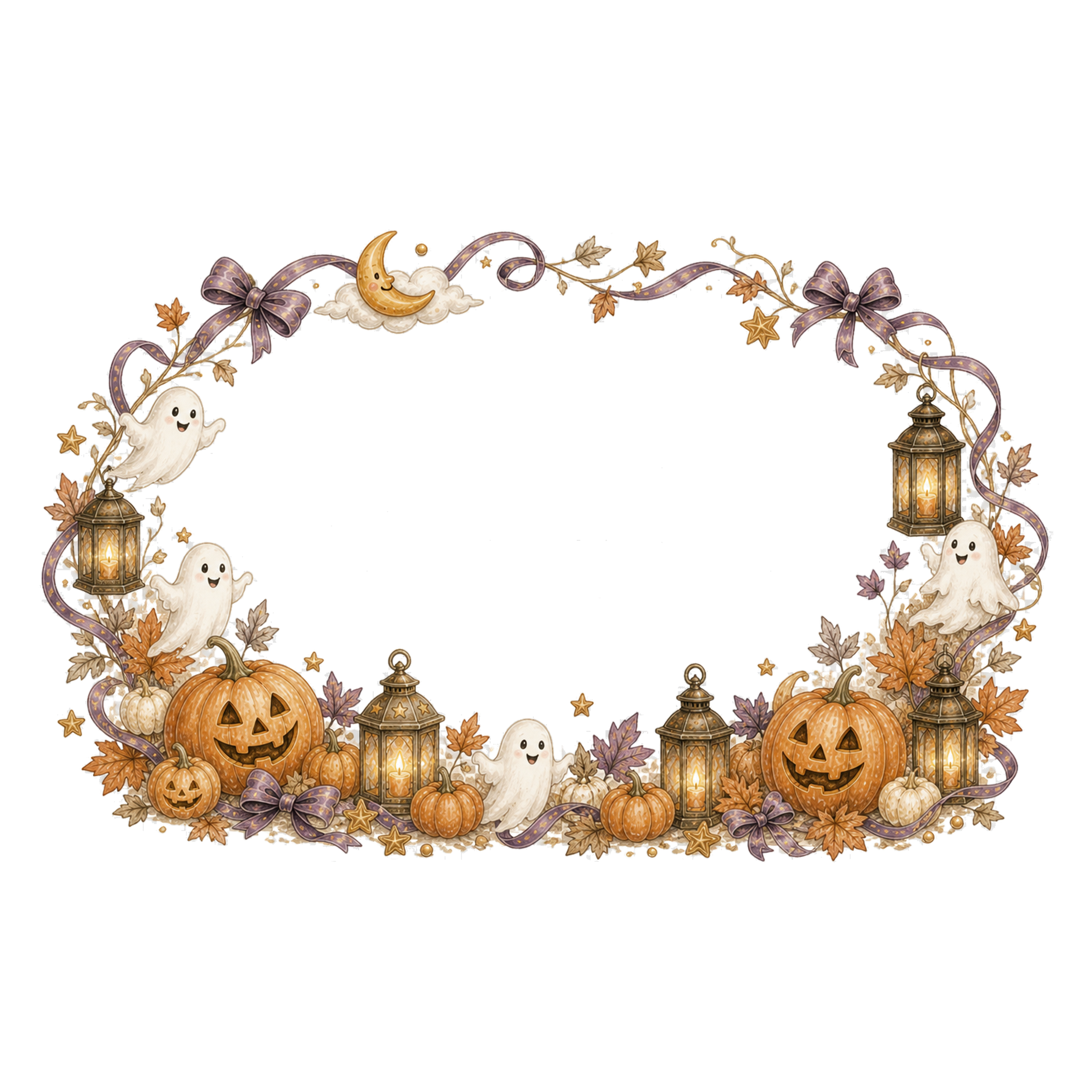 かわいいおばけとランタンのハロウィン楕円リース｜無料イラスト素材94944に写真・文字を入れる