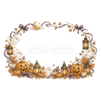 かわいいおばけとランタンのハロウィン楕円リース｜無料イラスト素材94944