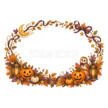 フクロウとかぼちゃのハロウィン楕円リース｜無料イラスト素材94950