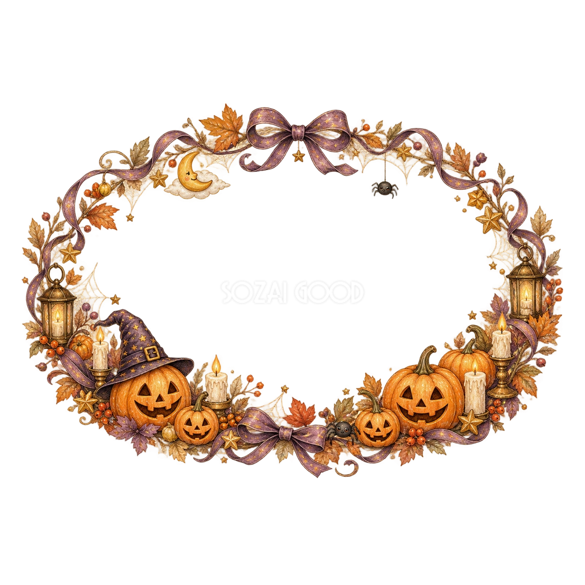 クモの巣とキャンドルのハロウィン楕円リース｜無料イラスト素材94955