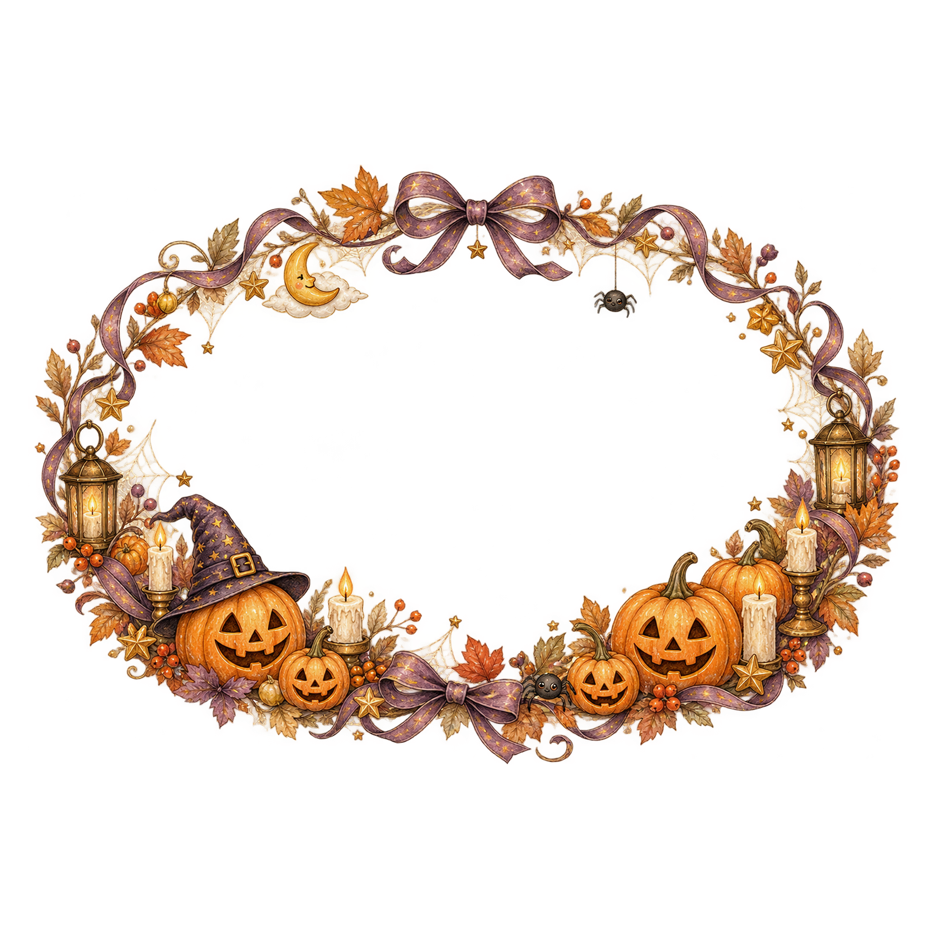クモの巣とキャンドルのハロウィン楕円リース｜無料イラスト素材94955に写真・文字を入れる