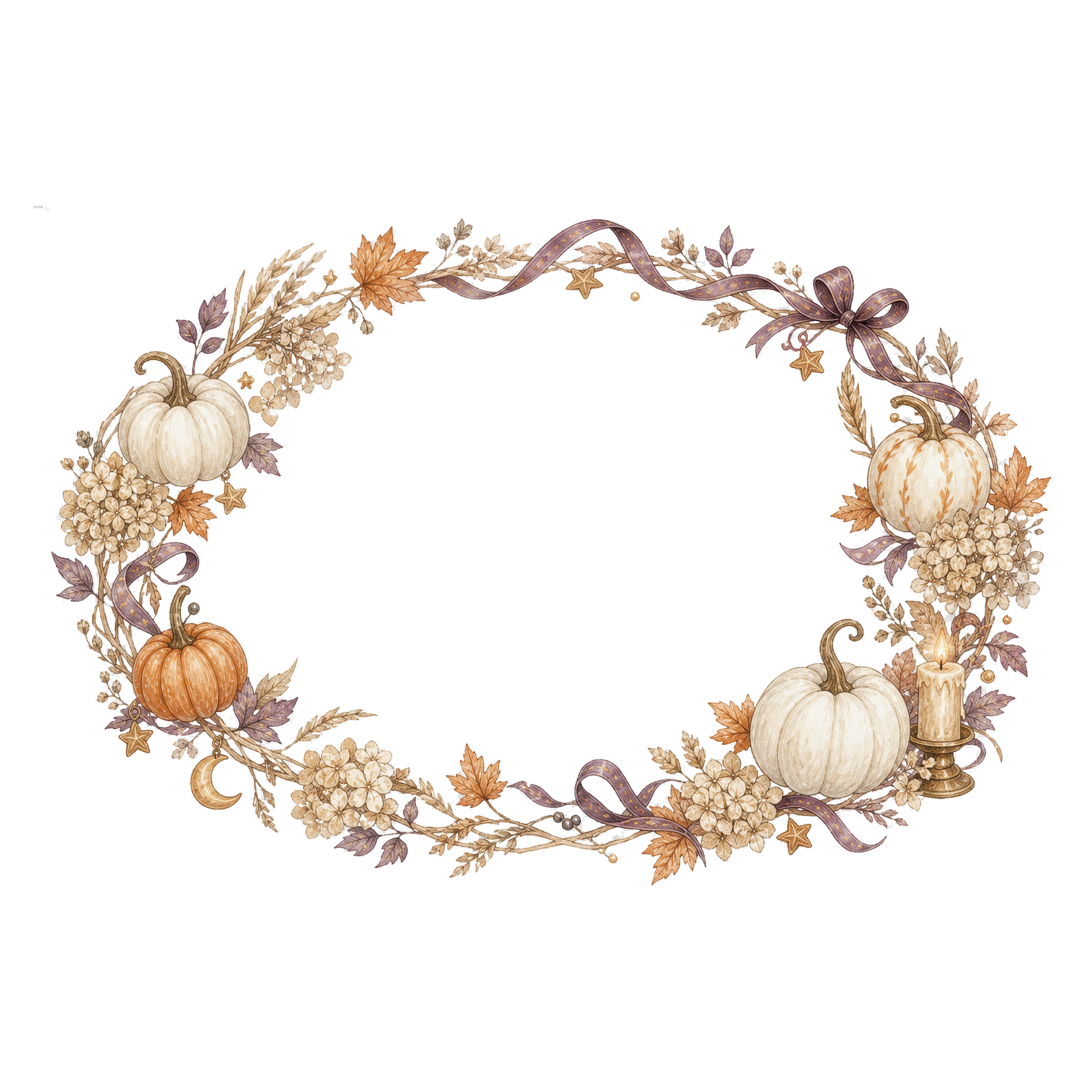 白いかぼちゃと秋の花のハロウィン楕円リース｜無料イラスト素材94960に写真・文字を入れる