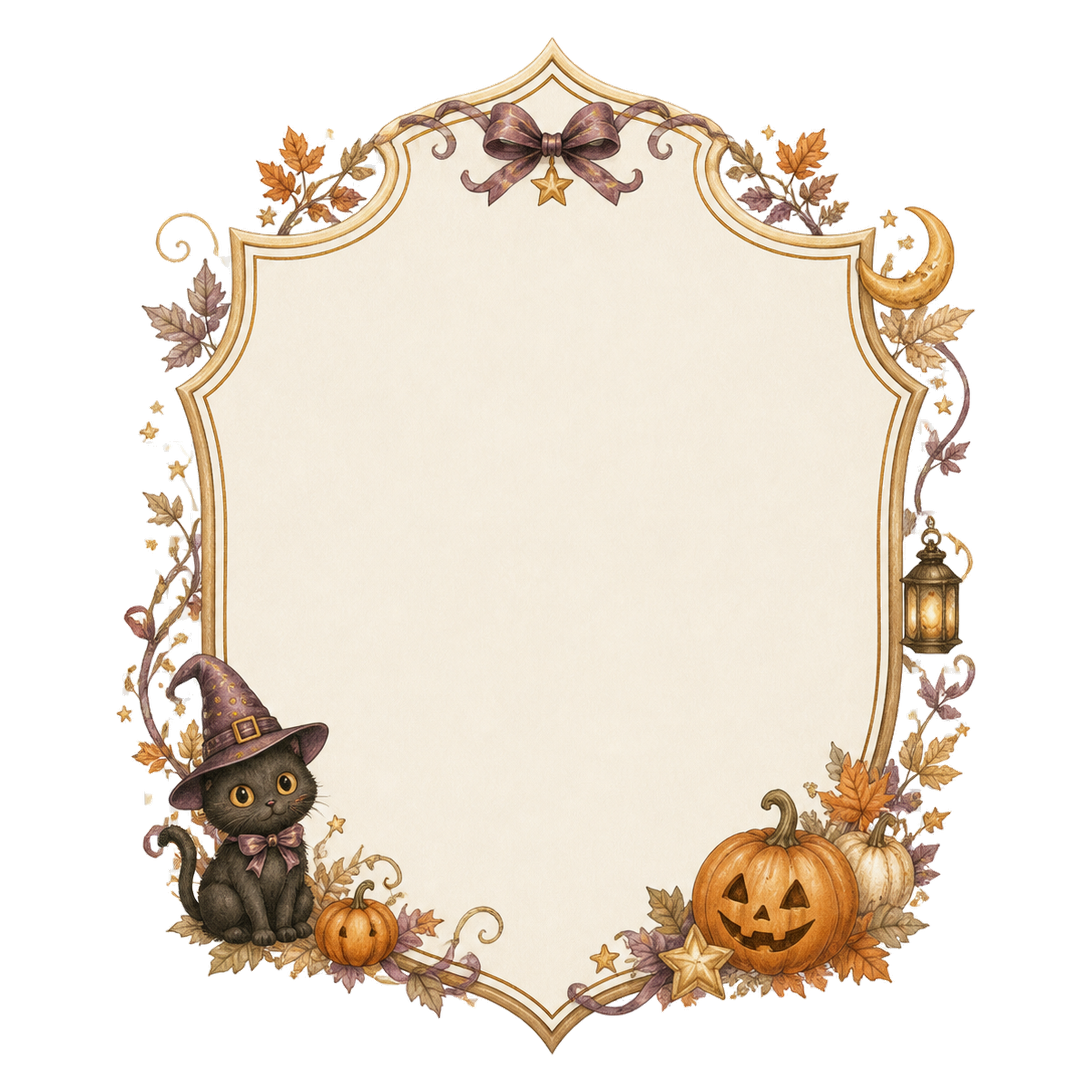 魔女の黒猫とかぼちゃの盾型ハロウィンフレーム｜無料イラスト素材94966に写真・文字を入れる