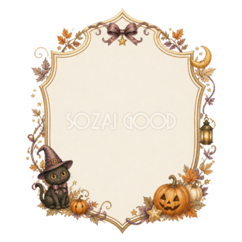 魔女の黒猫とかぼちゃの盾型ハロウィンフレーム｜無料イラスト素材94966