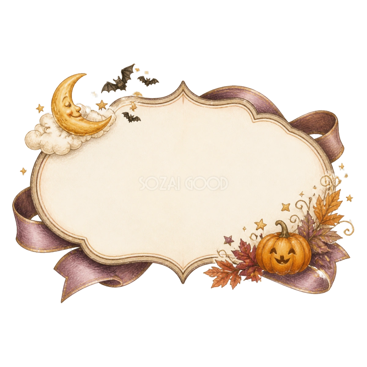月とコウモリのリボン付きハロウィンフレーム|無料イラスト素材94967