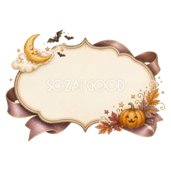 月とコウモリのリボン付きハロウィンフレーム｜無料イラスト素材94967