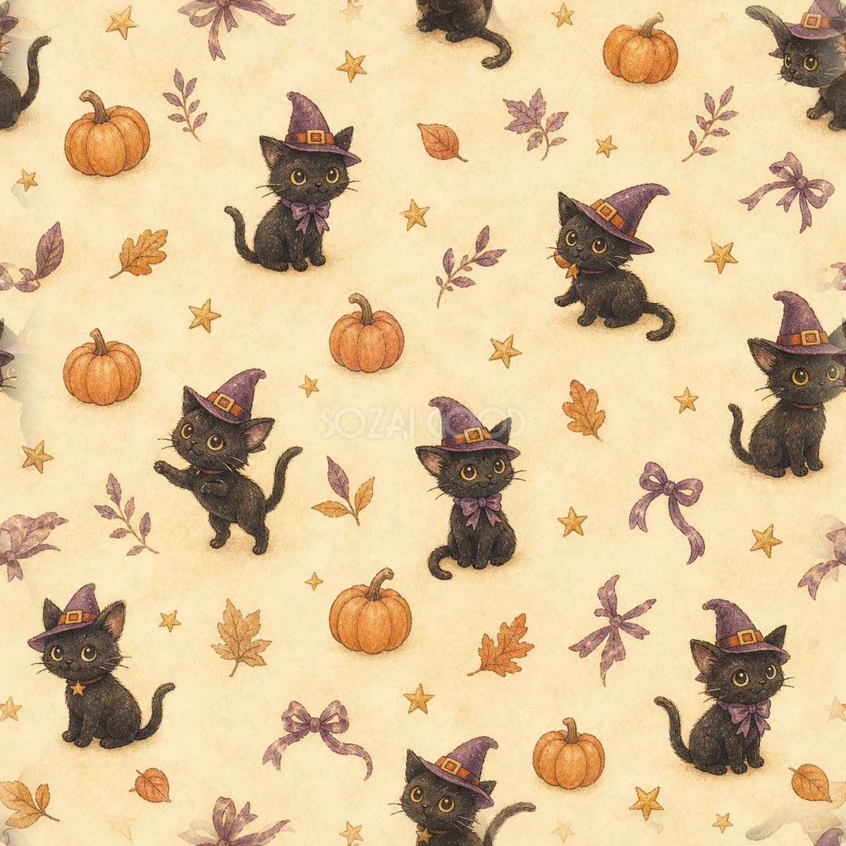 魔女帽子の黒猫と秋かぼちゃ|かわいいハロウィンシームレス背景イラスト94989