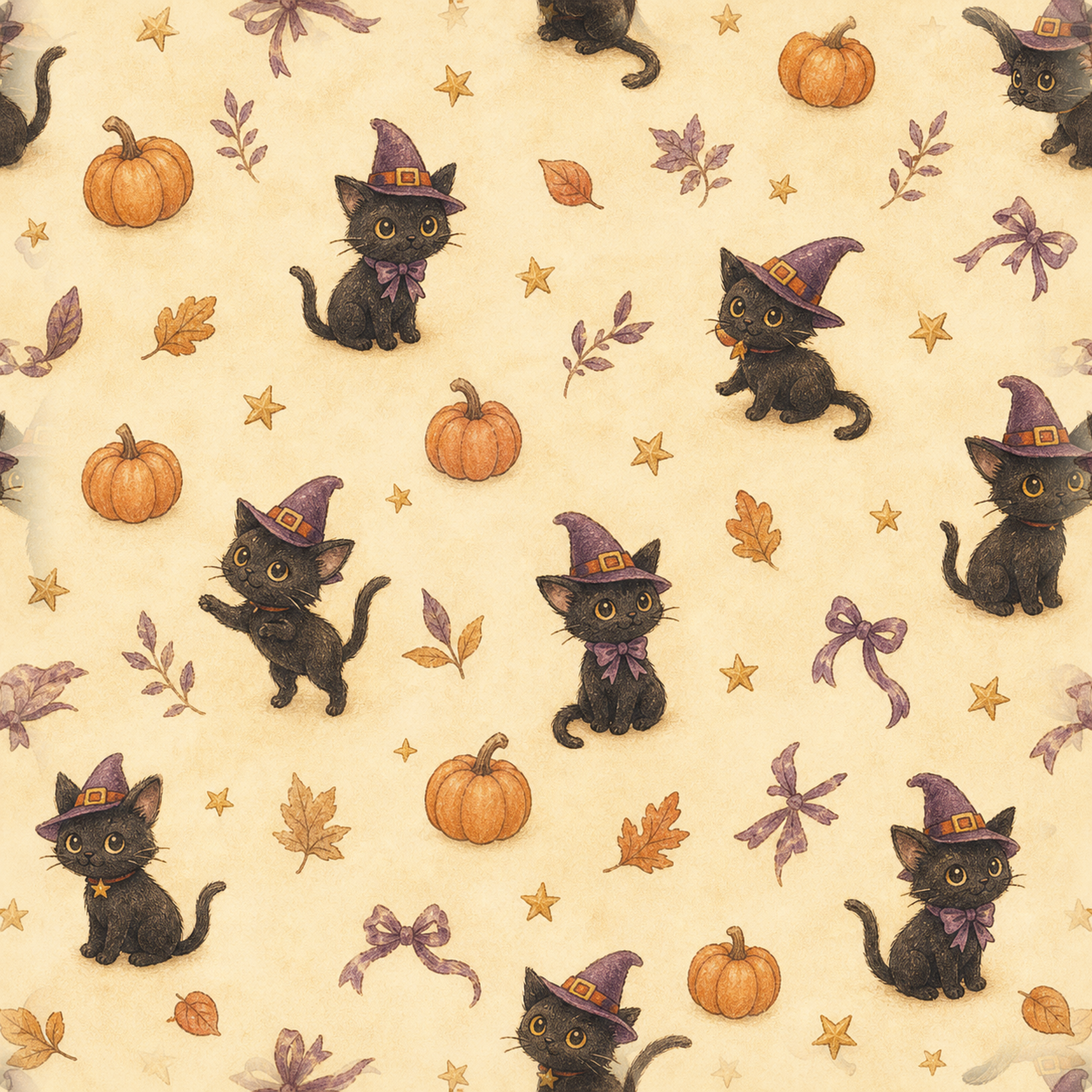魔女帽子の黒猫と秋かぼちゃ｜かわいいハロウィンシームレス背景イラスト94989に写真・文字を入れる