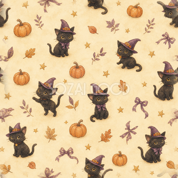 魔女帽子の黒猫と秋かぼちゃ｜かわいいハロウィンシームレス背景94989