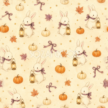 ランタンを持つ白うさぎ｜かわいいハロウィンシームレス背景94990
