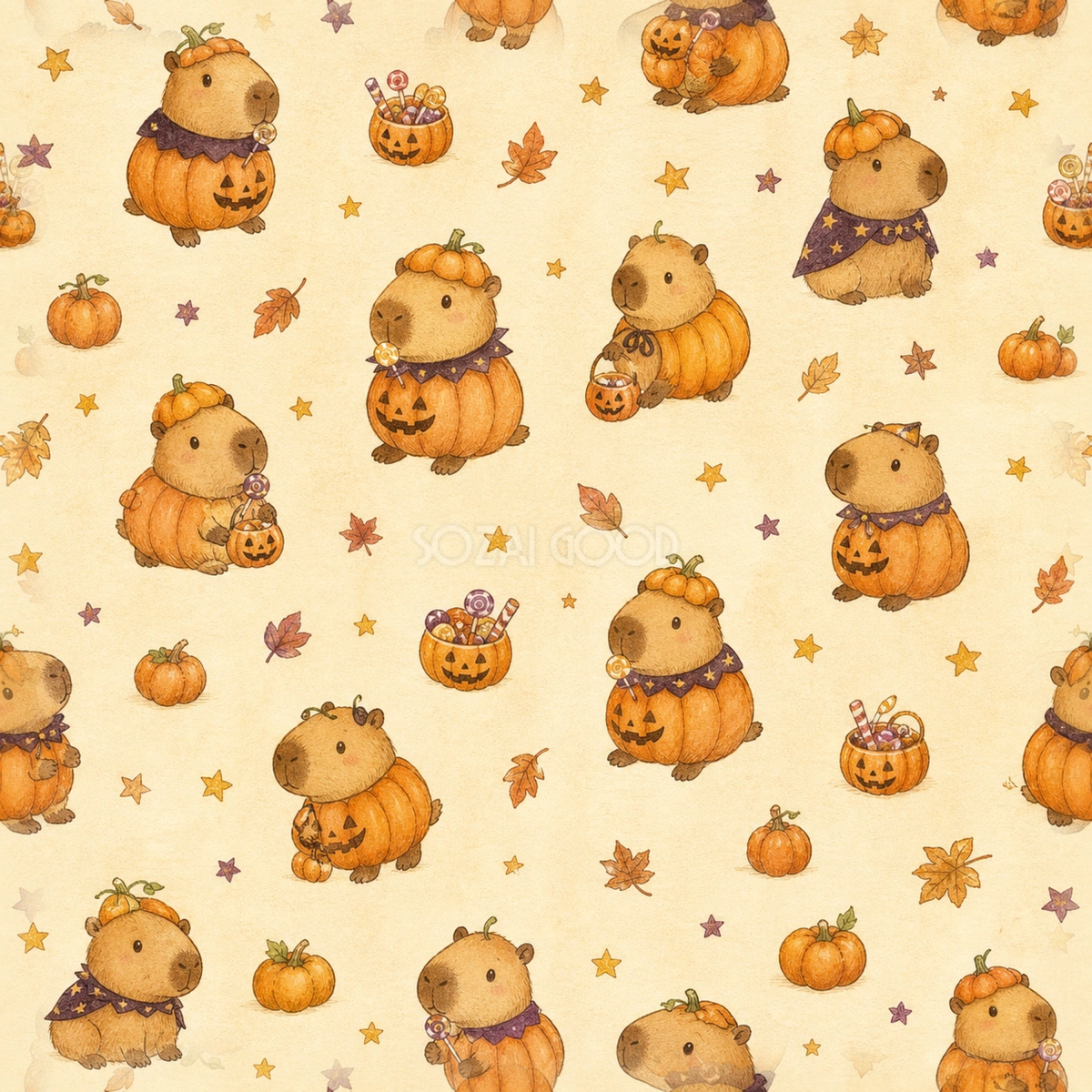 かぼちゃ姿のカピバラ|かわいいハロウィンシームレス背景イラスト94991